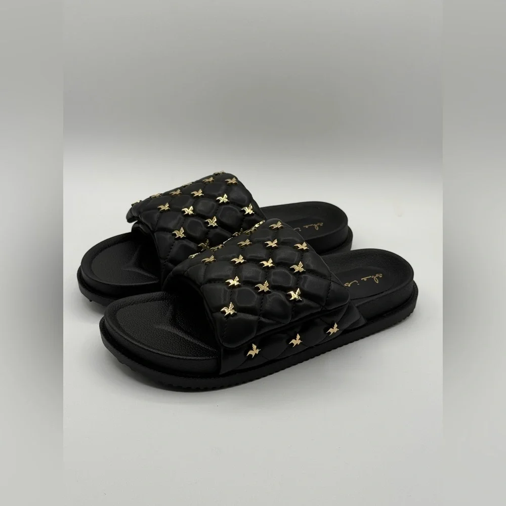 She Is Cheval Black Quilted Slide Sandals W/Gold Accents Comfort Designer Style - Picture 14 of 17